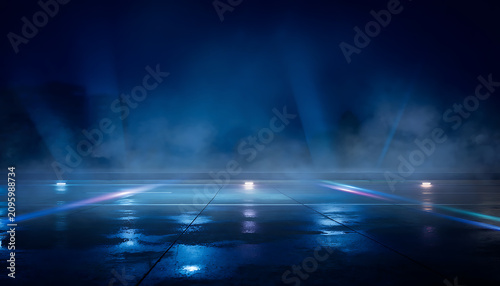 Dark urban street at night with wet asphalt and light reflections, motion blur