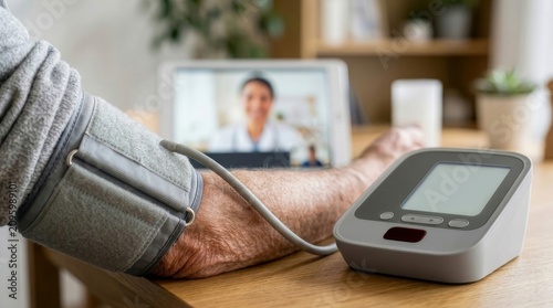 senior using a blood pressure cuff during a telemedicine consultation via digital tablet at home.