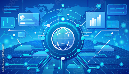 Digital technology network with global connections and data flow visualization