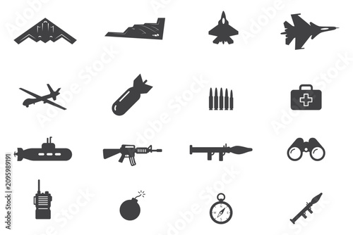 Modern military equipment silhouette icon set with aircraft, drone, weapons, ammunition, submarine, medical kit, and tactical symbols. Isolated vector on transparent background.