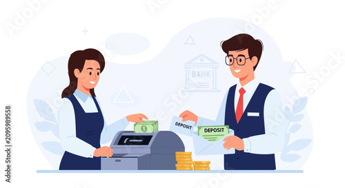 Bank Teller and Customer Depositing Money and Documents at Counter