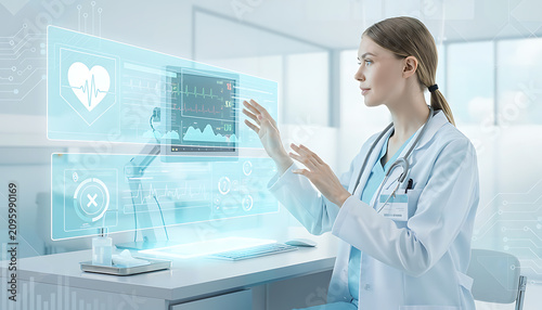 Female healthcare in blue uniform using digital tablet in modern clinic woman nurse