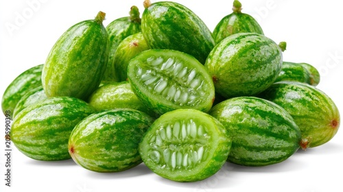 Pile of fresh mexican sour gherkins and sliced cucamelons.