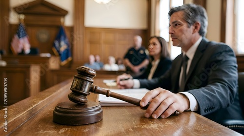 Judge's Gavel in Courtroom with Lawyer and Jury in Background