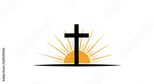 Black Christian cross symbol with a bright rising sun illustration.