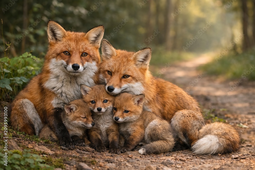 Obraz premium Family of red foxes sitting together on a forest path. Mother fox cuddling her cute little kits. Wild animals in their natural habitat. Wildlife photography depicting love, protection and animal care