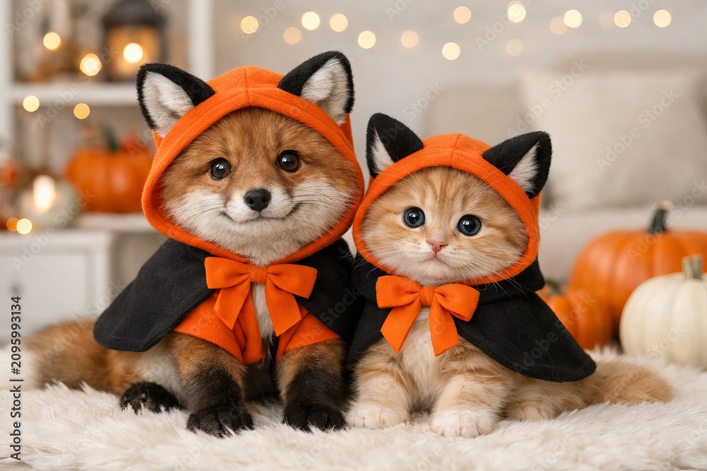 Obraz premium Fox and kitten wearing Halloween costumes. Cute animals in festive capes sitting on rug. Pumpkin autumn background for holiday greeting card, celebration and seasonal social media post