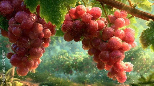 Red grapes with water spray in orchard