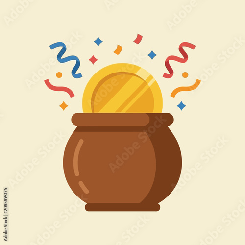 Fotografía A cartoon clay pot overflowing with a large golden coin and colorful confetti