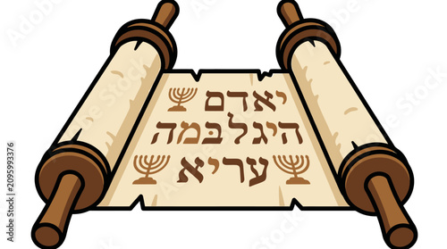 Bild auf Leinwand An ancient open scroll featuring traditional Hebrew text and menorah symbols