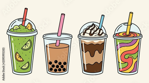 Vászonkép Colorful cartoon illustration of four different iced drinks with straws