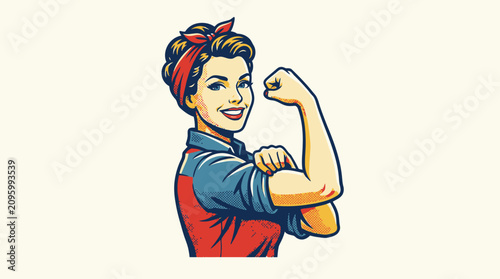 Photos Confident woman in vintage style flexing her arm with determination