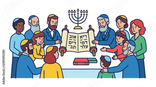 Foto A diverse group of people studying the Torah scroll together