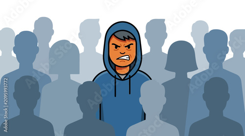 Bild auf Leinwand An angry person stands out in a crowd of indifferent silhouettes