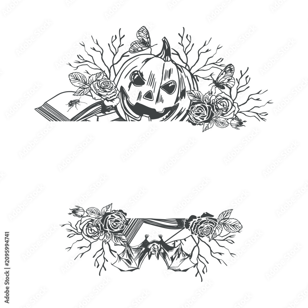 Obraz premium Halloween template with a pumpkin, bat, branches, roses and a book. Hand drawn vector illustration in a graphic style. Black ink clip art for cards, invitations and holiday banners.