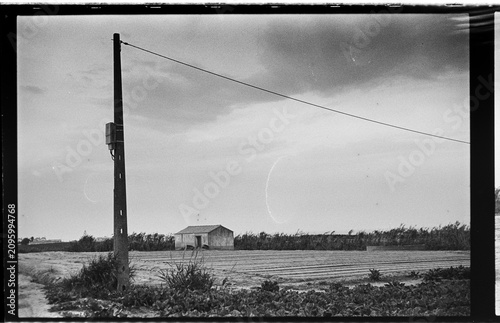 Black and White Analog Rural Landscape with Utility Pole, Farm Field, and Shed
