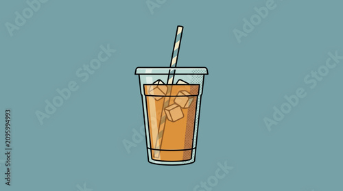 Canvas Print Illustrated iced coffee in a plastic cup with a striped straw