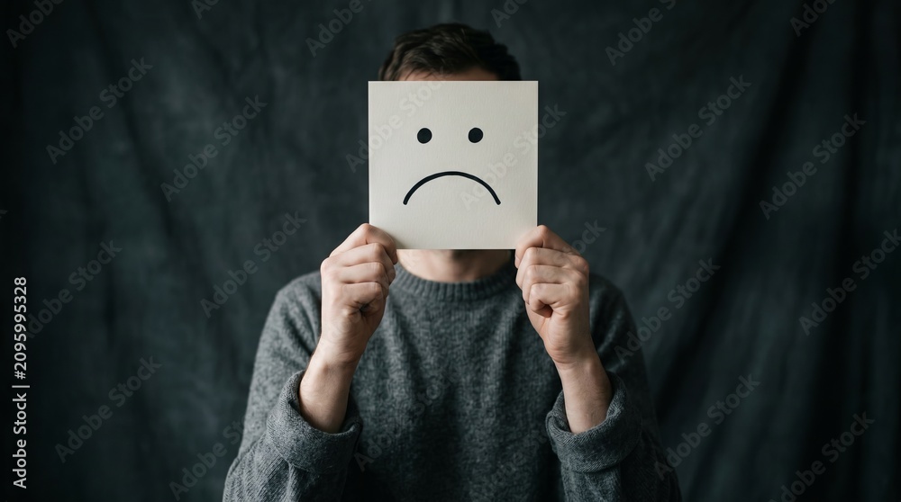 © Jafree - Man holding paper card with sad face emoticon covering his face. Depression, mental health, mood struggle and feeling unhappy concept. Expression of emotions and social anxiety mask © Jafree - Man holding paper card with sad face emoticon covering his face. Depression, mental health, mood struggle and feeling unhappy concept. Expression of emotions and social anxiety mask
