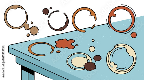 Photos Various coffee cup rings and splatters on a light blue table surface