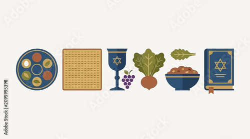 Foto Traditional Jewish Passover Seder plate and symbolic food items arranged in a ro