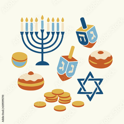 Foto Hanukkah holiday symbols set with menorah, dreidel, gelt and donuts