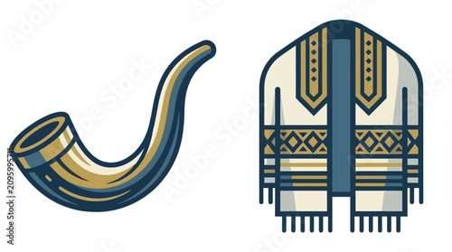 Schilderij op canvas Traditional Jewish shofar and tallit prayer shawl illustration