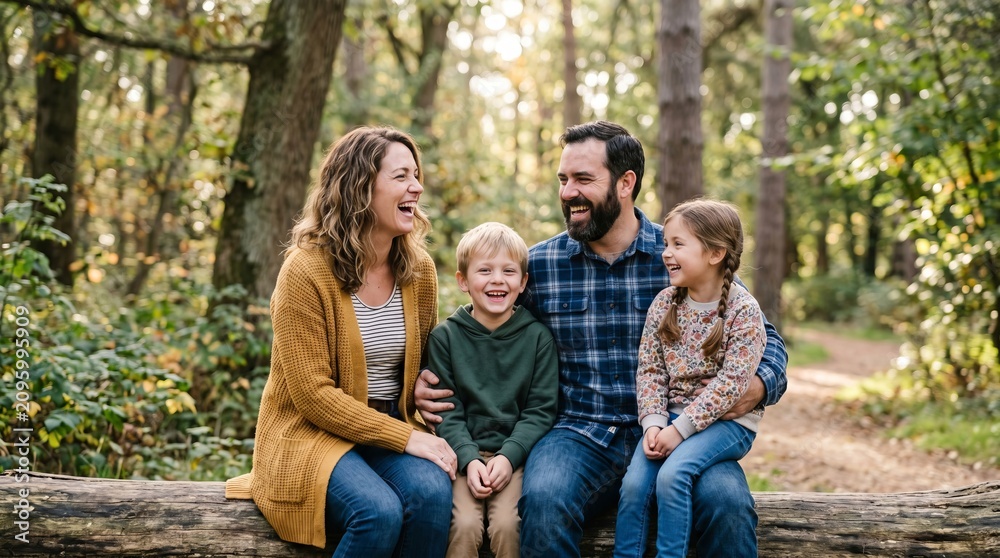 Fototapeta premium Happy family with father, mother, son and daughter sitting on tree log in autumn forest. Joyful parents spending time with children outdoors. Fall lifestyle, love and togetherness