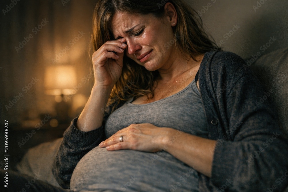Obraz premium A pregnant woman sits on a couch, cradling her hand to her face, conveying emotional distress