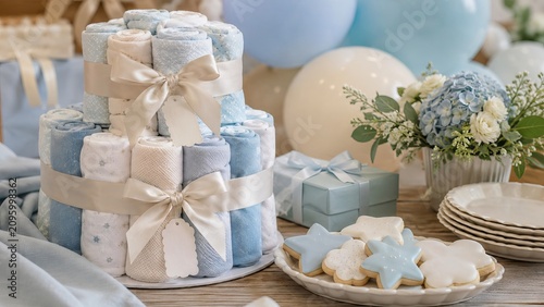 Diaper cake made of rolled blue and white baby blankets for boy baby shower. Decorative center piece with bow and gift box for celebration, nursery theme and expectant mother party