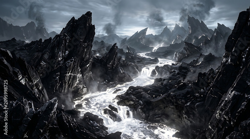 Mysterious dark fantasy landscape with jagged peaks and a luminous river under a stormy sky, revealing a powerful and desolate ancient world