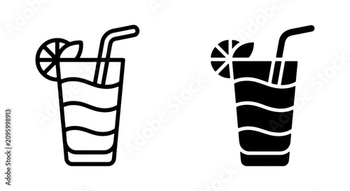 Φωτογραφία Two refreshing drink icons, outline and solid fill, featuring a lemon slice garnish and straw, perfect for beverage menus and summer promotions