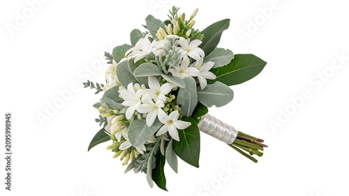 Schilderij op canvas Elegant wedding bouquet with white roses lilies and fresh green foliage isolated