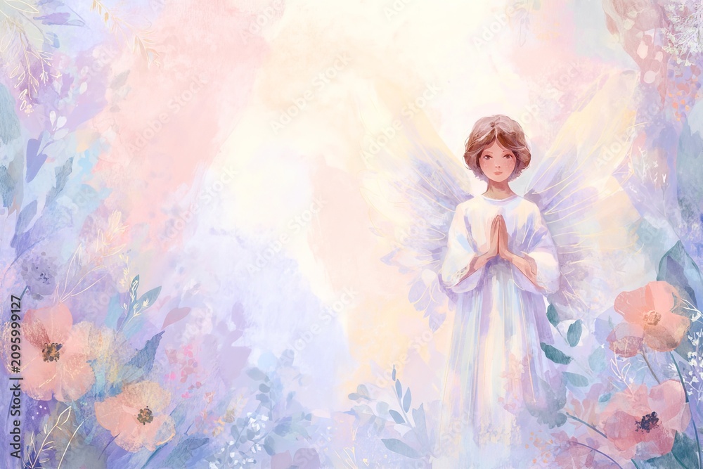 Obraz premium Delicate watercolor postcard for First Communion invitation with angel motif and gentle flowers on soft pastel tones. Ideal for sacramental announcements, celebration cards, spiritual event branding