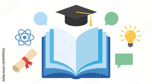Foto Book illustrated with a mortarboard and diverse speech bubbles represents the collaborative nature of interactive learning and academic discourse in a school setting
