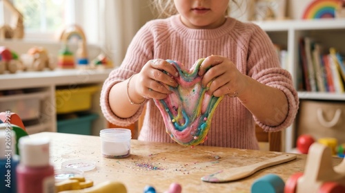 Child stretching colorful slime while sitting at desk. Girl playing with creative sensory toy in nursery. Fun activity for child development, art project and mess play at home during leisure time
