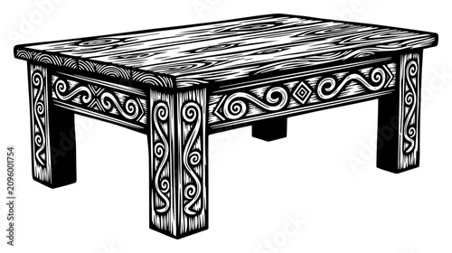 Fotografía Ornate wooden coffee table with decorative carving patterns in vintage engraving