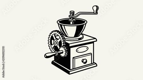 Fotografi Vintage manual coffee grinder with wooden base and metal crank handle