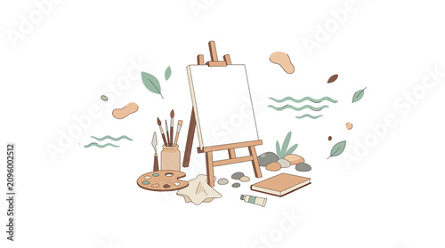 Blank canvas on wooden easel with art supplies.