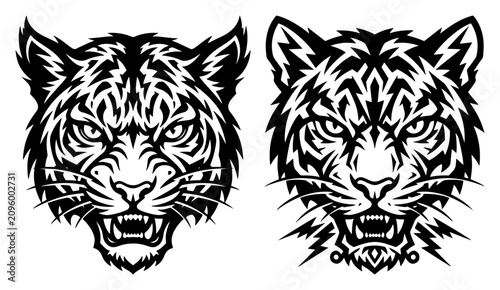 Schilderij op canvas Tiger head roaring and growling in tribal mascot black and white vector style
