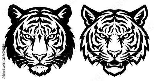Foto Tiger heads featuring calm and growling facial expressions in high contrast sten