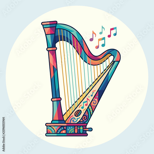 Canvastavla Vibrant Harp with Music Notes Rising.