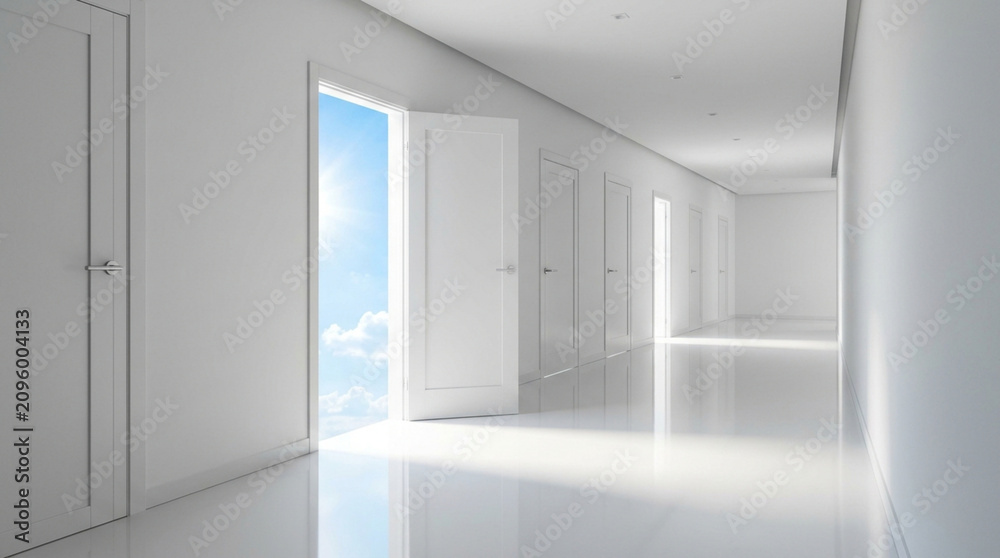 Fototapeta premium Bright future concept, open door in white corridor revealing blue sky and clouds