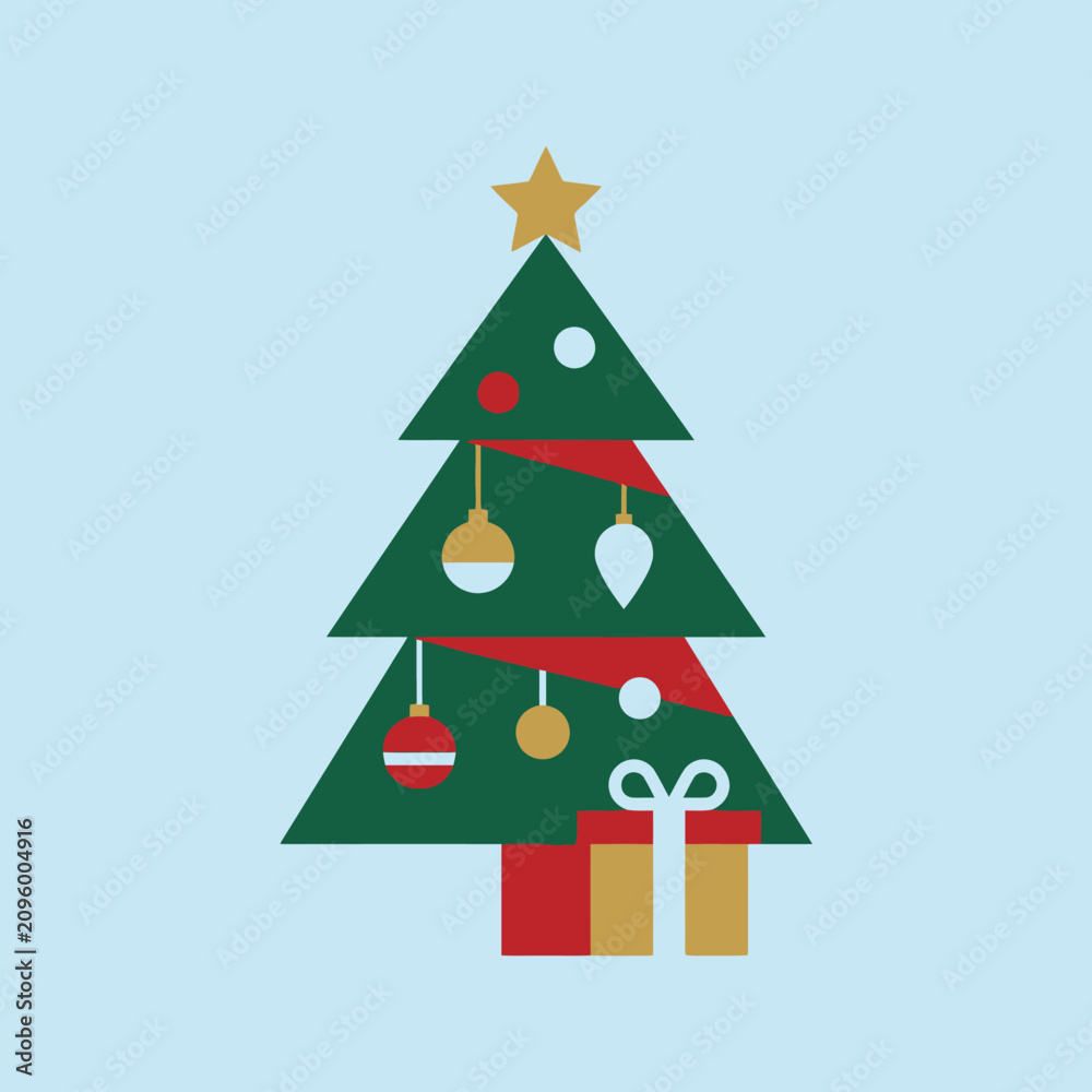Fototapeta premium Flat design Christmas tree with ornaments and gifts on blue background