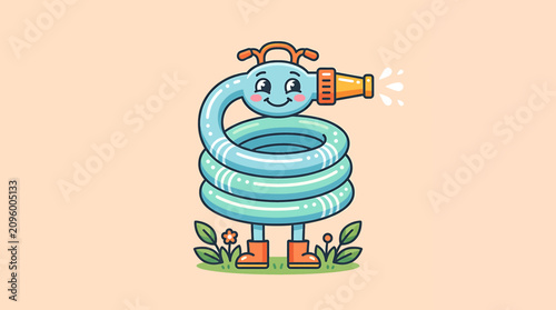 Obraz na płótnie Cartoon garden hose watering smiling face.