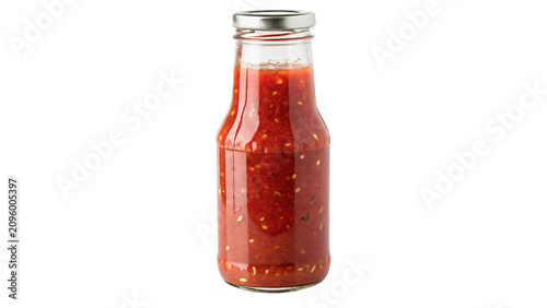 Foto Glass bottle filled with red tomato juice or sauce isolated on transparent