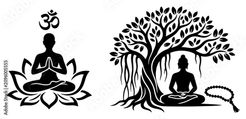 Foto Buddha meditating under bodhi tree with lotus pose and prayer beads in spiritual