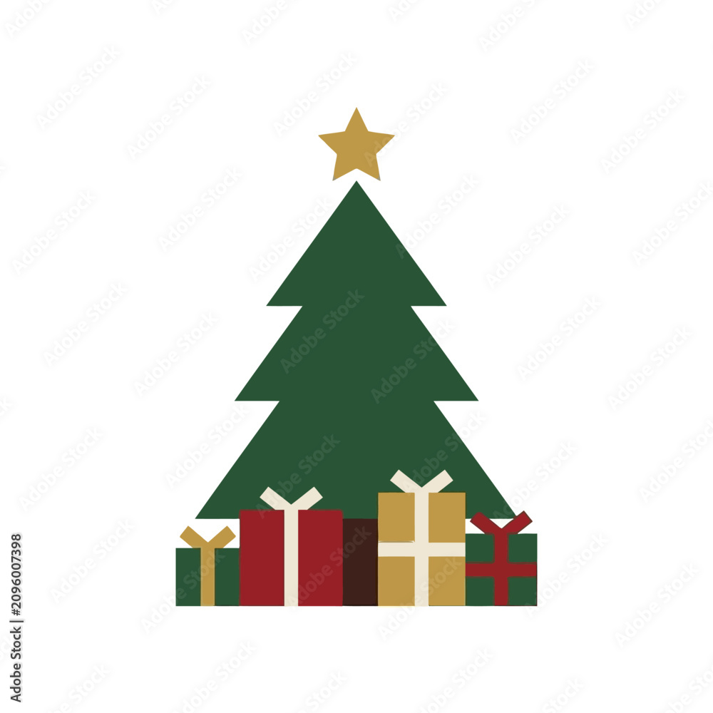 Fototapeta premium Simple graphic illustration of a festive Christmas tree and presents