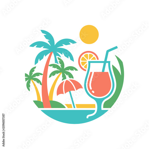 Tropical beach cocktail vector illustration with palm trees and sun