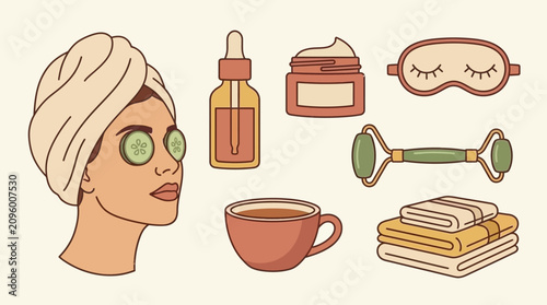 Woman with towel on head and cucumber slices enjoying a relaxing spa day at home