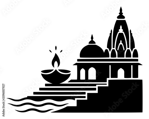 Obraz na plátně Hindu temple mandir with stairs leading to river ghat and diya oil lamp in bold